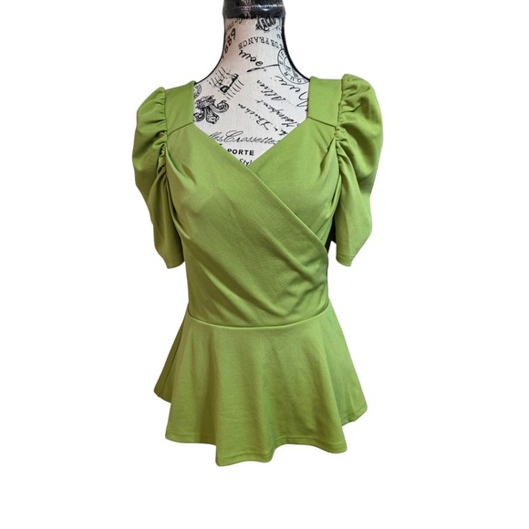 Grace Karin Chartreuse Ruched Puff Sleeve Peplum Blouse Size Small - Picture 1 of 10